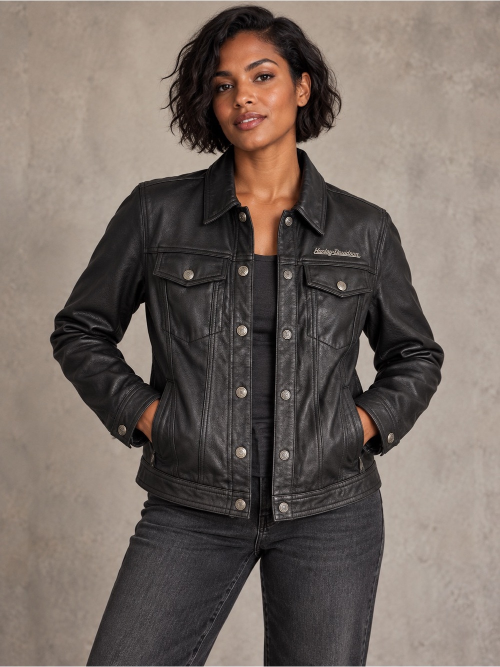 Harley-Davidson Black Women's Leather Trucker Jacket with Button Front